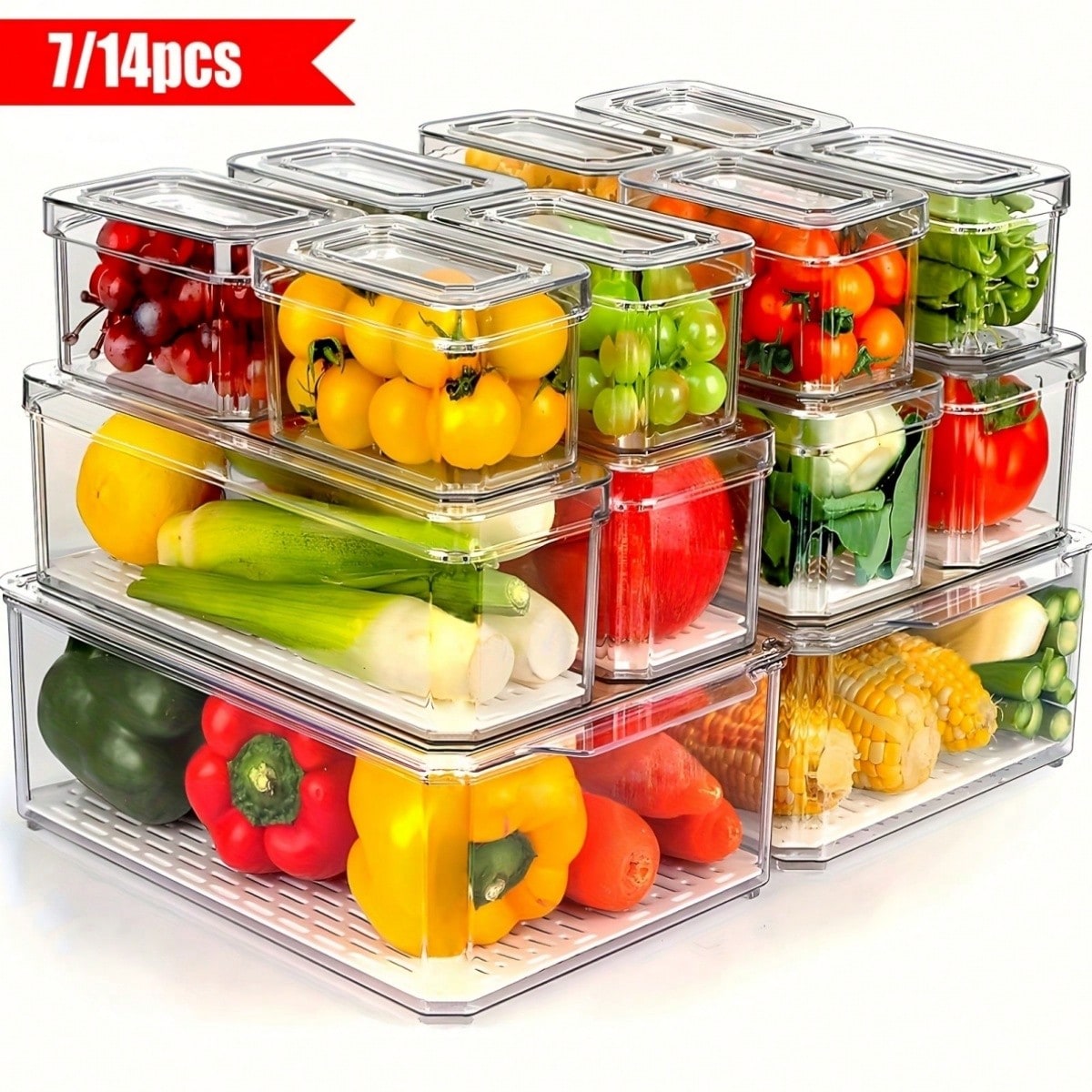 Food Storage Vegetables - 7/14'lü Paket İstiflenebilir Buzdolabı Düzenleyici Kutuları