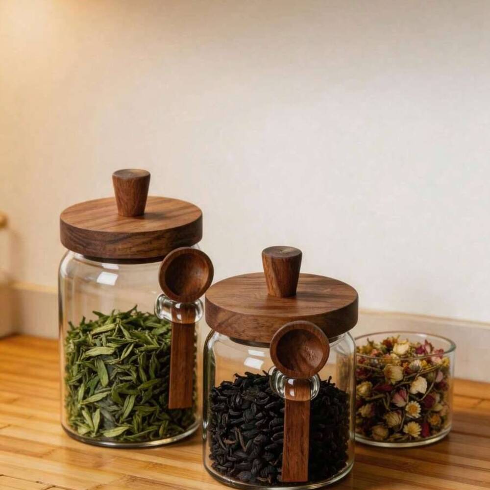 Food Storage Jars With Wooden Lids - 3 Parçalı Set Şeffaf Cam Kavanozlar,