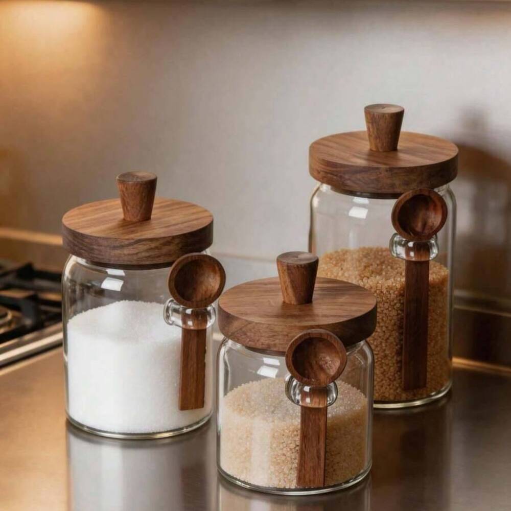 3 Parçalı Set Şeffaf Cam Kavan - Food Storage Jars With Wooden Lids incelemesi ve fiyatı